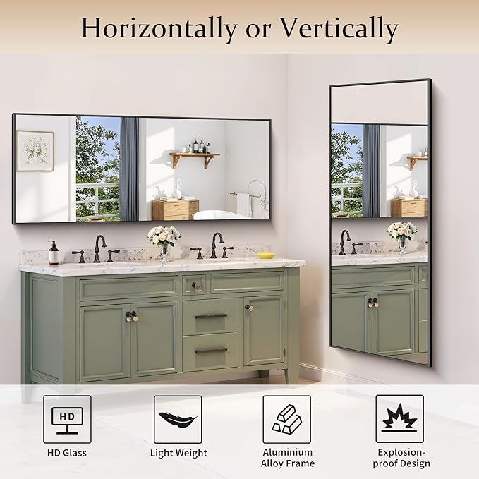 Black Bathroom Mirror for Wall, 24x60 Inch Rectangle Mirror with Metal Frame, Modern Vanity Mirrors for Bathroom Living Room, Entryway Hangs Horizontal or Vertical