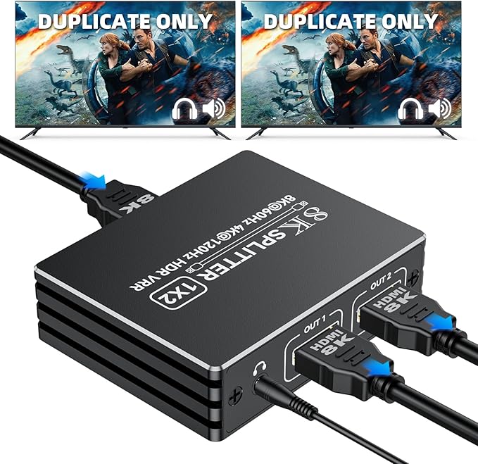 HDMI 2.1 Splitter 1 in 2 Out 4K 120Hz 8K 60Hz with Audio Out, BolAAzuL 1x2 HDMI Y Splitters Powered Plug&Play for Dual Monitors Duplicate, Zero Latency, Support HDCP 2.3 HDR for PS5/Xbox/PC/TV