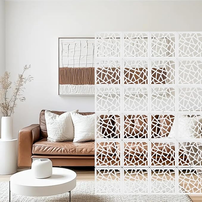24 Pcs PVC Hanging Room Divider,Flower Carving Pattern Panels,Decorative Wall Screen Panel, Room Divider Partitions Panel Screen for Decorating Bedroom Dining Kitchen Office Studio 29 * 29cm