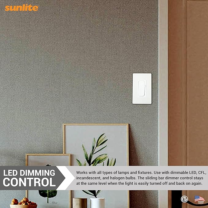 Sunlite LED Wall Rocker Style, Slide Bar Triac Dimmer Switch, Screwless Wall Plates Included, Single Pole or 3-Way Switching, 120 Volts, 200W Max for LED, 600W Max for Incandescent, White, 4 Pack