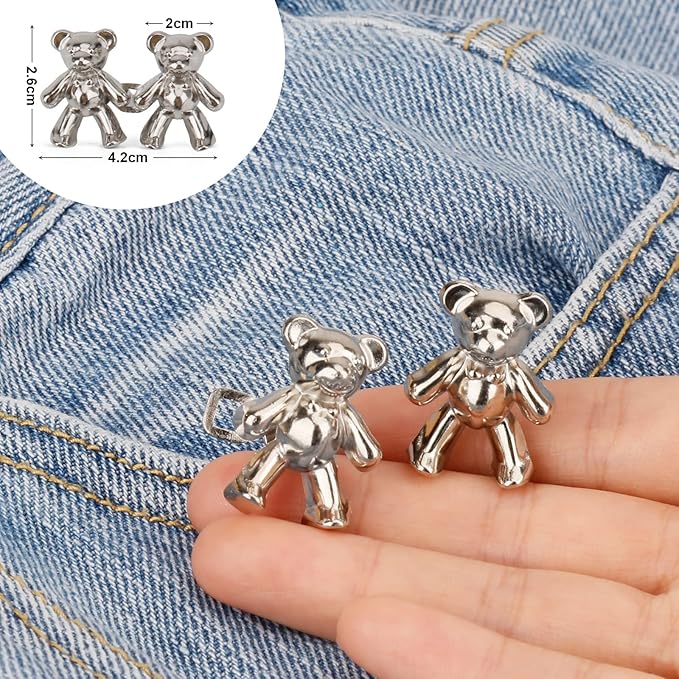 TOOVREN Cute Bear Button Pins for Loose Jeans - No Sew, No Tools Instant Pant Waist Tightener, 4 Sets Jeans Button Replacement Pant Clips for Waist Buckle