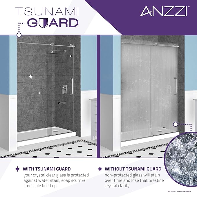 ANZZI 72" x 30" Frameless Shower Door in Polished Chrome,Water Repellent Glass Shower Door with Seal Strip Parts and Handle, 3/8 Glass Hinged Shower Door with Handle (SD-AZ09-02CH)