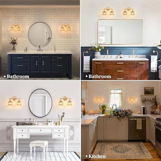 Shenmoyl Bathroom Light Fixtures, 2-Light Brass Vanity Wall Light Over Mirror with Amber Tulip Glass Shade for Bedroom Living Room (Bulb Not Included)