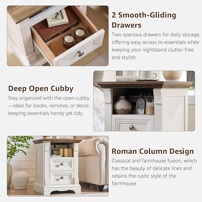 T4TREAM Farmhouse Nightstand Set of 2, 18" End Table with 2 Drawers Storage, Wood Side Table w/Roman Column, Bedside Cabinet for Bedroom, Living Room, Antique White