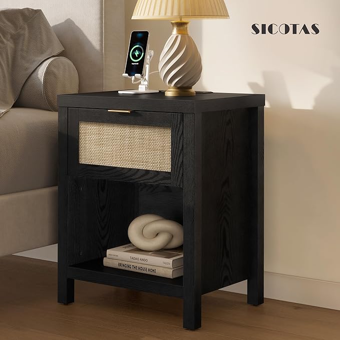 SICOTAS Black Nightstands Set of 2 with Charging Station - Boho Rattan Night Stand with Drawer, Modern Bedside Table with USB and Type-C Ports, Bed Side Tables for Bedroom, Black Oak, 2 PCS