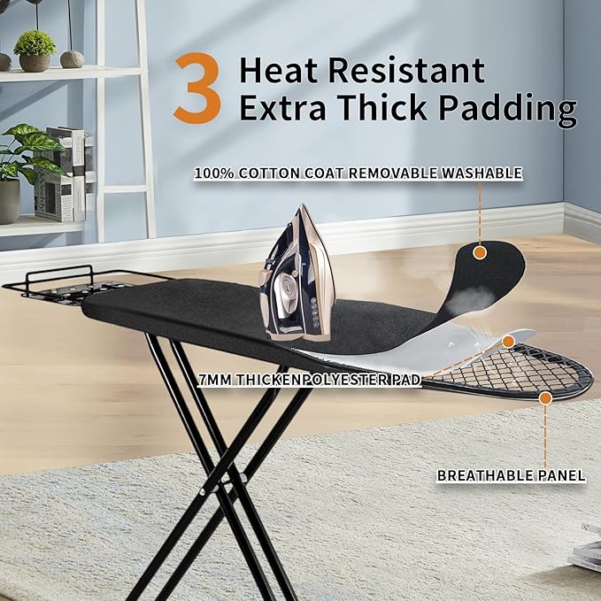 Ironing Board, 43x14 Inch Iron Board with Steam Rest, Heavy Duty Metal Frame Legs Ironing Table with Heat Resistant Cover Mat, Foldable Full Size Hanger Ironing Stand (Black, 52" L x 14" W x 34.6" H)