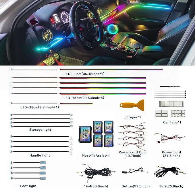 Acrylic Interior Car LED Strip Lights, Colorful 18-in-1 Car Ambient Lighting Kit, with Wireless APP Control, 622 LED Fiber Optic Strip Lights for Cars, Supports Neon Sync with Music DIY Mode.