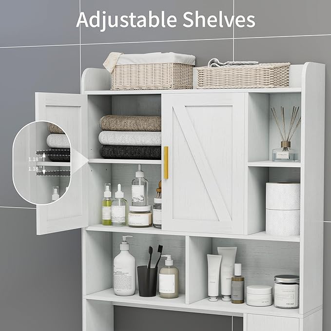 Farmhouse Over The Toilet Storage Cabinet with 2 Doors & 7 Shelves - Rustic Bathroom Cabinet Organizer Storage for Bathroom, Laundry