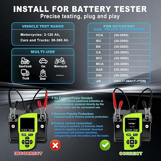 Acclope BT90 PRO 2-360Ah Battery Tester with Cloud Printing, 30-3800 CCA, 6V/12V/24V Digital Analyzer, SOH/SOC/Volt/Res/Cranking&Charging Test, Real‑Time Ambient Temp, AGM/EFB/Gel/Li