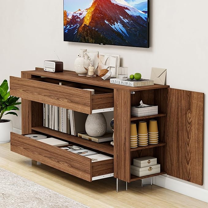 Vavkorkula TV Stand for 65 Inch with 2 Large Drawers & Hidden Storage Cabinets, Modern Farmhouse Entertainment Center Television Stands for Living Room Bedroom, Walnut