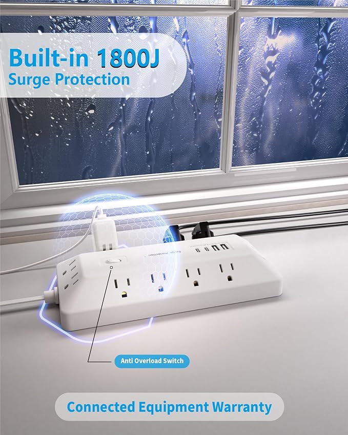 Inhwatek Surge Protector Power Strip with USB Ports (PD 20W), 6 Ft Extension Cord with Multiple Outlets, Flat Plug Outlet Extender for Home, Office, Dorm Room