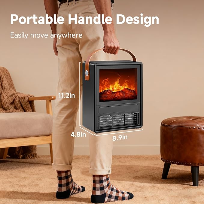 FLAME&SHADE Portable Electric Fireplace Heater for Indoor Use, Fire Place Heaters with 3D LED Flame Overheat & Tilt Protection, Space Heater Small Fireplace for Home Office Christmas Decoration, Black