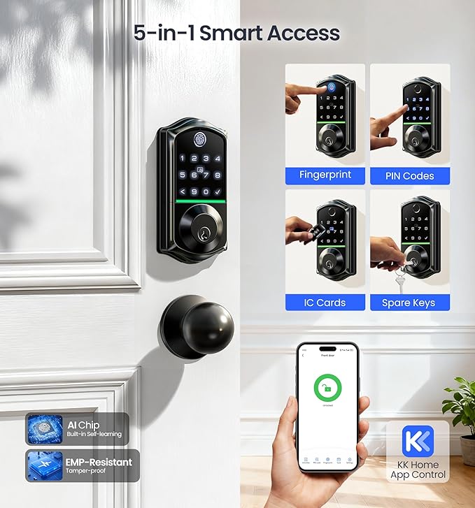 Veise VE017-K Fingerprint Smart Lock with 2 Knobs, App Control, Keyless Entry Front Door Lock with Handle Set, Electronic Digital Touchscreen Keypad Deadbolt, IP55 Waterproof, Auto-Lock, Matte Black