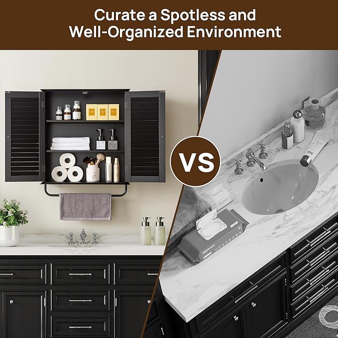 Bathroom Storage Cabinet with Adjustable Wood Shelves & Doors, Made of PDF Wood, Medicine Cabinet, Over The Toilet Storage Cabinet for Kitchen & Laundry Room Medicine Cabinet Black