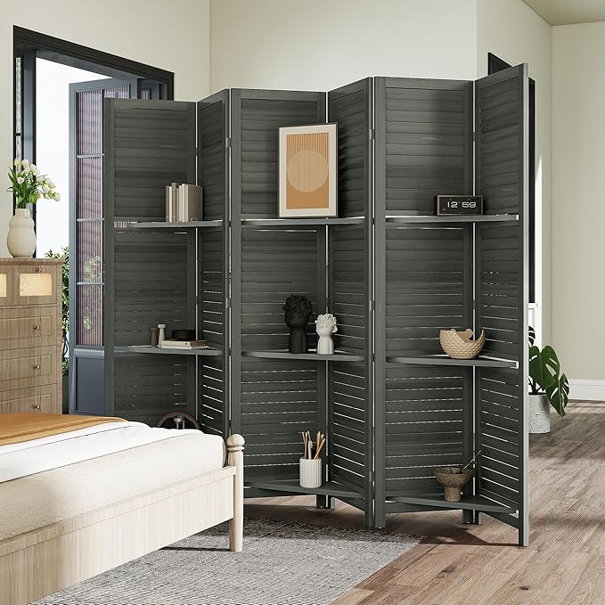 HOMCOM Room Divider, 6 Panel 67" Tall Wood Privacy Screen with 3 Display Shelves, and Folding Storage for Bedroom or Home Office, Gray