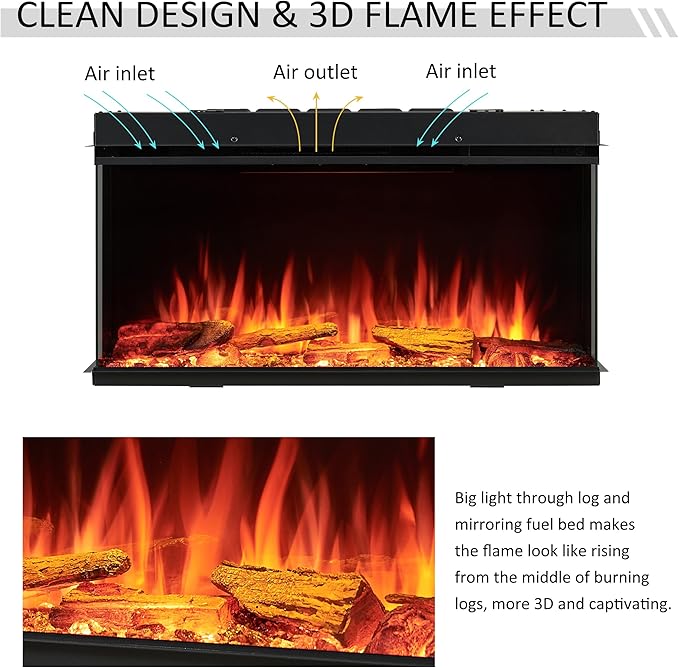 LegendFlame 35" W Smart Build in Electric Fireplace Insert, 1-2-3 Sided View, Heater 750W/1500W, Multi Colors of Flame & Fuel Bed, Alexa Enabled