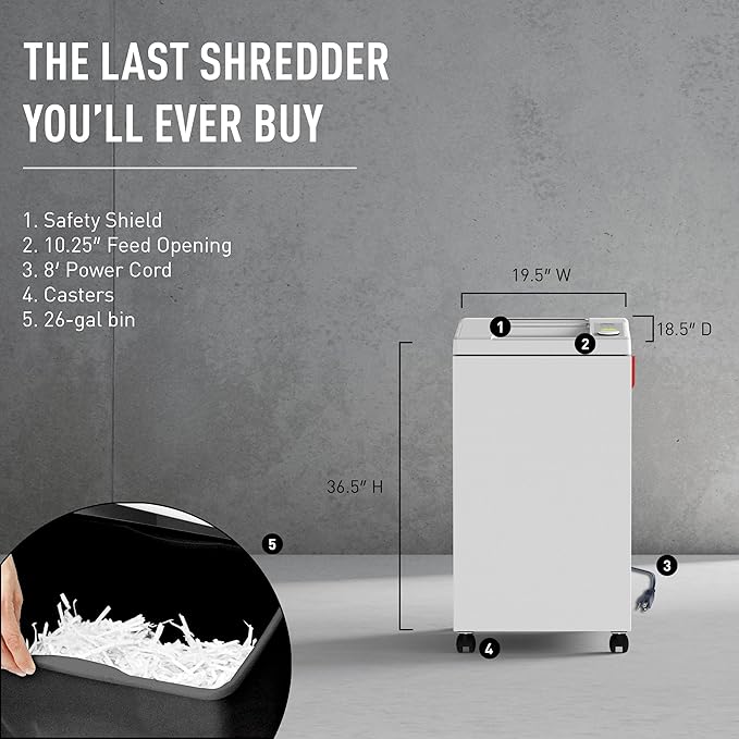 Ideal. 2604 Strip-Cut Centralized Office Paper Shredder, Continuous Operation , 27–30 Sheet Feed Capacity, 26 Gallon Bin, Shred Staples/Paper Clips/Credit Cards/CDs/DVDs, 1 HP Motor, P-2 Security