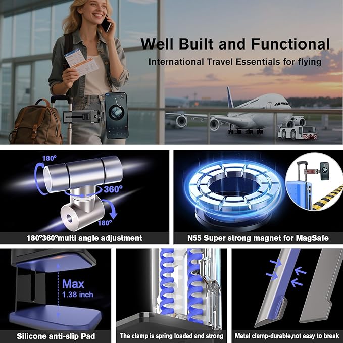 Airplane Travel Essentials Phone Holder,Plane Phone Mount for MagSafe,Foldable Magnetic Phone Stand for Desk 360° Swivel,Universal in Cruise Airplane Travel Gadgets for Men Women for iPhone 17