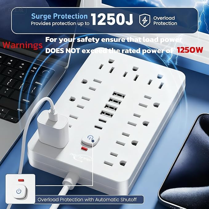 JouleLoom 15 FT Flat Plug Surge Protector Power Strip,11 Multiple AC Outlets with 6 USB Ports (2 USB C), 15 Feet Extension Cord, 1250W/10A, One Touch Switch Button, White