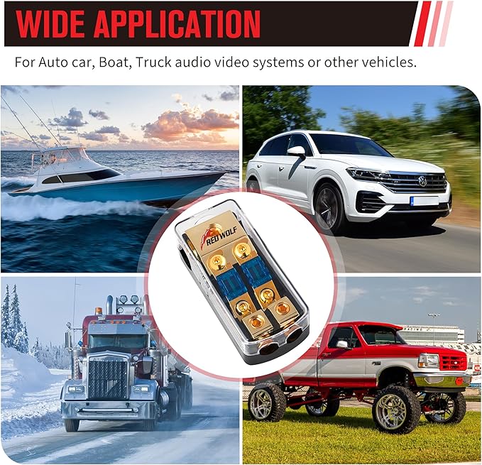 RED WOLF 2 Way Mini ANL Fuse Holder 60A 0/2/4 Gauge Input 4/8 Gauge Output Fuse Distribution Block for Car Boat Trolling Motor Marine Audio Amplifier Stereo Video System