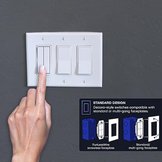 RunLessWire Fan & Light Battery-Free DIY Wireless Light Switch Kit 150ftRF Range Kinetic for Bathrooms & Ceiling Fans: 1 Dual Remote Switch Controls 2 5A On/Off Receivers Separately – Light Almond
