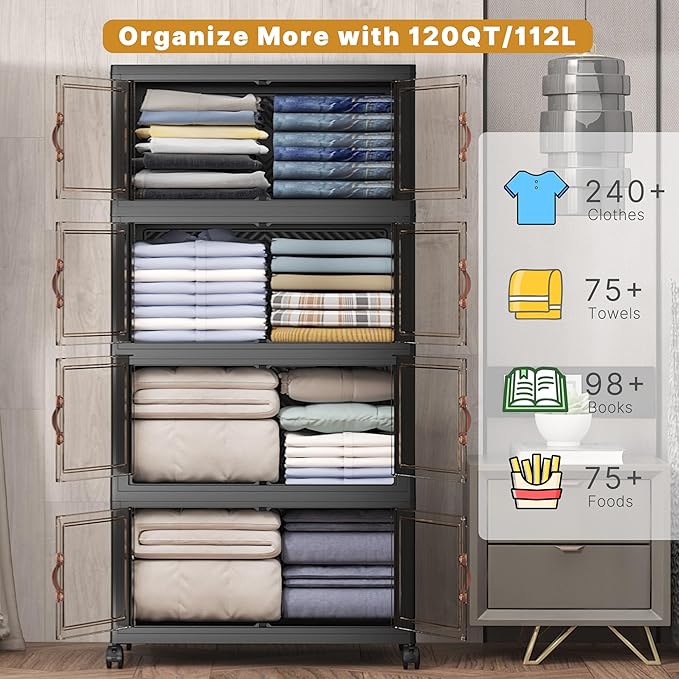 Extra Large Stackable Storage Bins with Lids & Wheels, 440QT-55QT/30GAL*8Pack Foldable Collapsible Closet Organizers Dark Storage Cabinet with Doors for Bedroom Dorm