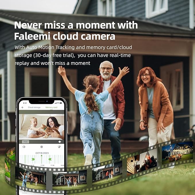 faleemi 2K WiFi Security Camera for Home with Cell Phone App Control, Color Night Vision, Ai Motion Detection, Auto Tracking, 2 Way Audio, Waterproof, Local/Cloud Storage, Compatible with Alexa