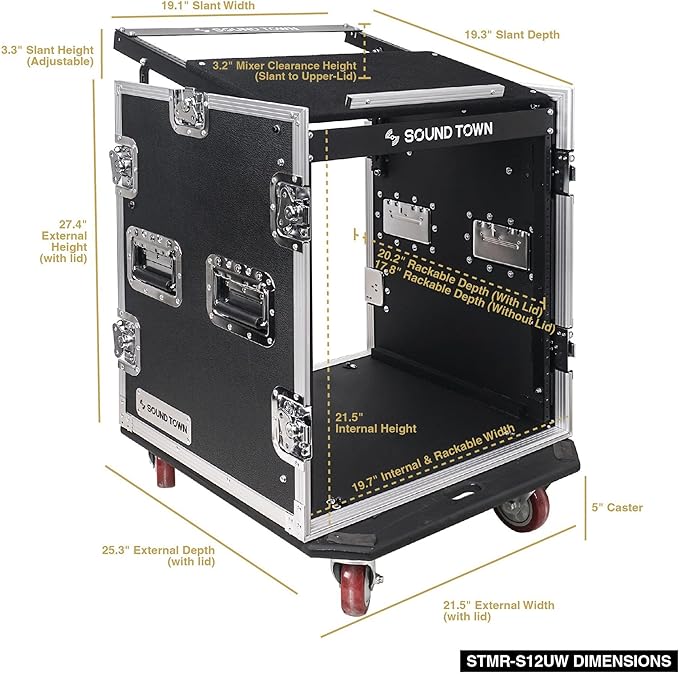 Sound Town Enhanced 1/2" (12mm) Plywood 12U PA DJ Rack/Road ATA Case with 11U Slant Mixer Top, 20’’ Rackable Depth and Casters, 12 Space Size, Pro Tour Grade (STMR-S12UW)