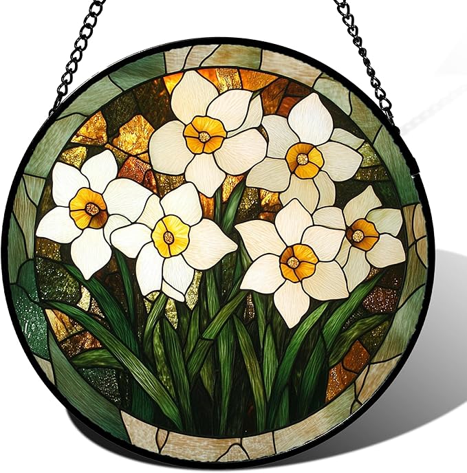 CRISGIF Stained Glass Window Hanging, White Lily Suncatcher for Door Garden Patio Birth Flower Green Plant Sun Catchers Decor Christmas Mother's Day Birthday Gifts for Women Mom Nana Friend 11.8 in