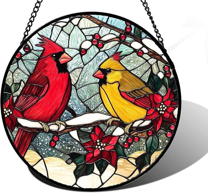 DASTOLL Stained Glass Window Hanging, Love Birds Cardinals Sun Catchers Colorful Glass Panel Birds Suncatcher Decor for Birthday for Women, Men, Wife, Lovers, and Mom 7.8 in
