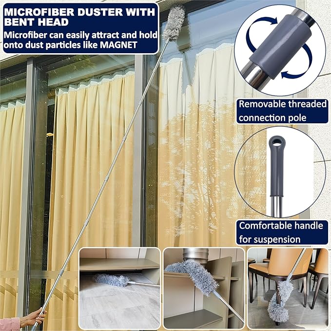 20+ Feet High Reach Duster Kit with 3-14 ft Extension Pole for Cleaning Fan, Spider Web, High Ceiling, Blinds, Furniture, Cars - Cobweb Microfiber Duster // Outdoor & Indoor Extendable Duster