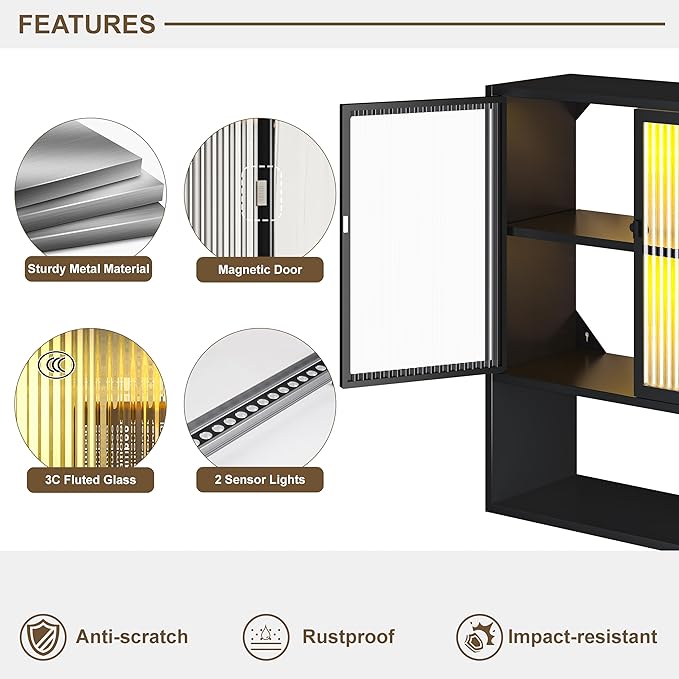 Wall Mounted Bathroom Cabinet with Glass Doors, Metal Over Toilet Storage Cabinets with Open Shelves, Medicine Cabinets for Bathroom, Living Room, Bedroom, Black