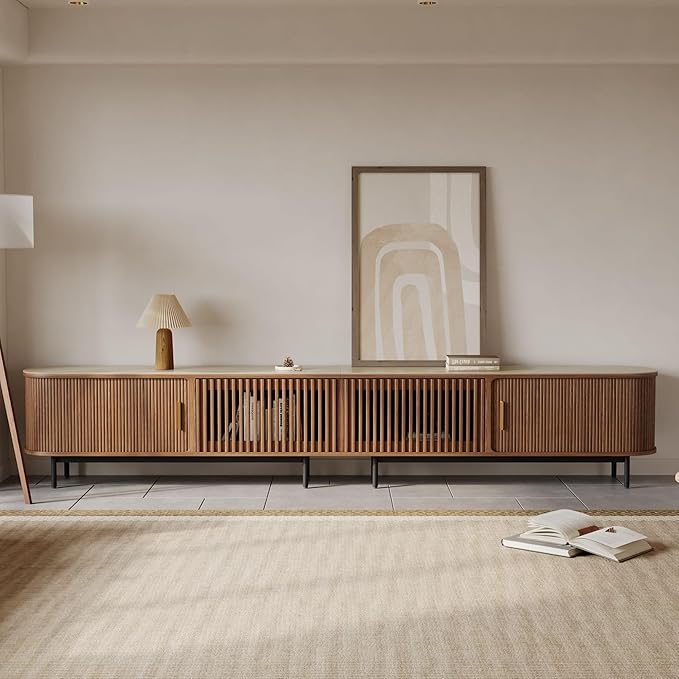 POVISON Fully-Assembled Sliding Tambour Door TV Stand, Mid Century Modern Sintered Stone TV Console, Wood Media Console, Entertainment Center with Storage Cabinet (Walnut, 118.11")