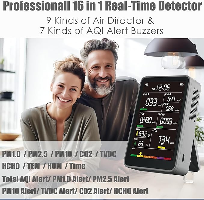 Professional Indoor Air Quality Monitor with AQI Alarms, Portable Real-Time Detector for Home Cars Plants and Pets (Cold Grey)