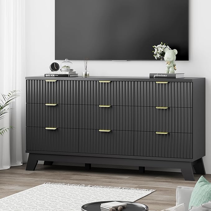 Xixini Fluted Dresser for Bedroom with 9 Drawers, 57" Wide Chest of Drawers with Metal Handle, Modern Wood Dresser TV Stand, Wooden Closet Clothes Storage Organizer for Living Room, Hallway, Black