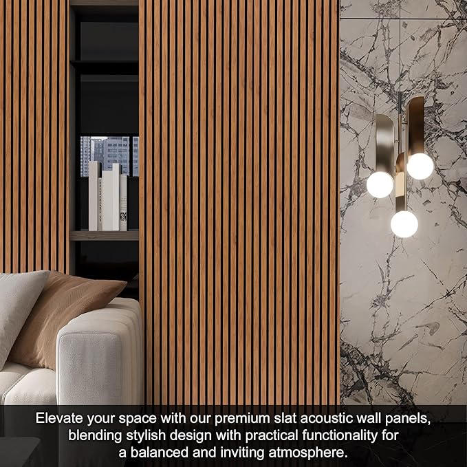 QDYMXUN Wood Slat Acoustic Wall Panels, 4-Pack 94.5'' x 7.9'' 3D Fluted Sound Absorbing Paneling for Interior Accent Wall Decor, Living Room (Natural Walnut)