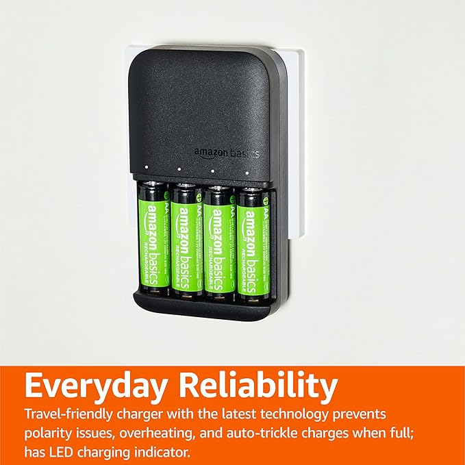 Amazon Basics 4-Bay Battery Charger for AA & AAA Rechargeable Batteries with Rechargeable AA NiMh Batteries, 4 count (Pack of 1), Type A (American) Plug, Black