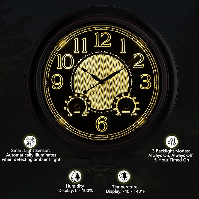 Koosome Outdoor Clocks Waterproof 18 Inch, Large Wall Clock with Thermometer & Hygrometer, Illuminated Battery Operated Clock with Smart Sensor for Patio, Pool, Garden, Porch, Living Room