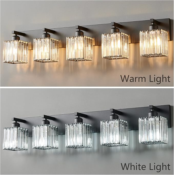 FDPBY Modern Black Crystal Bathroom Vanity Light - 5-Lights Wall Light Fixtures