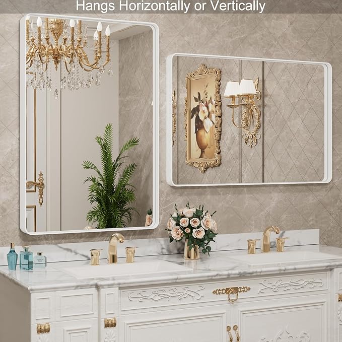 LOAAO 48x36 Inch White Metal Framed Bathroom Mirror for Wall, White Bathroom Vanity Mirror Farmhouse, Large Rounded Rectangle Mirror, Anti-Rust, Tempered Glass, Hangs Horizontally or Vertically