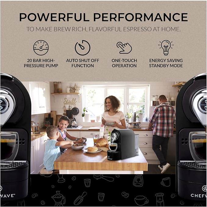 ChefWave Espresso Machine Compatible with Nespresso Capsules (Black) with Capsule Holder, and 2 Glass Cups Bundle with Handheld Milk Frother (2 items)