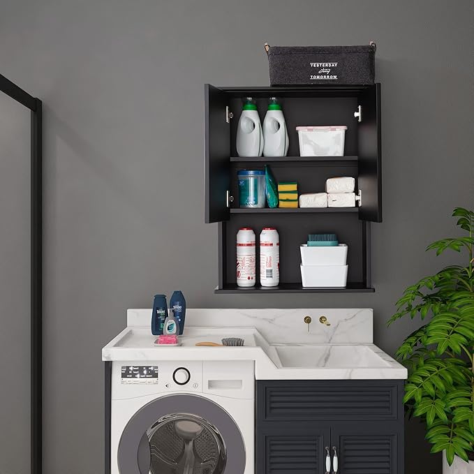 Black Bathroom Wall Cabinet 23x29 inch Wooden Bathroom Medicine Cabinet with 2 Doors and Adjustable Shelf, Wall Mounted Cabinet Over Toilet Storage Cabinet | 2 Doors, Adjustable Shelf, Wall Mounted, Over Toilet Storage
