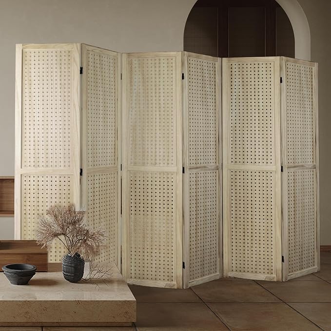 ECOMEX 6 Panel Room Divider, 5.6Ft Pegboard Display Wooden Folding Privacy Screen Freestanding Peg Board for Trade Show Craft Show Home Wall Organizer, Natural Wood