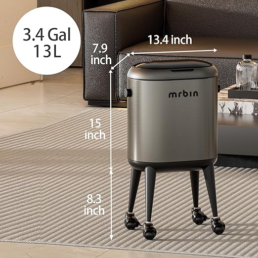 MRBIN Stainless Steel Slim Bathroom Motion Sensor Trash Can with Lid and Wheels, 13L / 3.4gal Electric Touchless Toilet Waste Basket with Legs for Narrow Vanity, Rvs, Dorm, Kitchen, Eclipse Grey