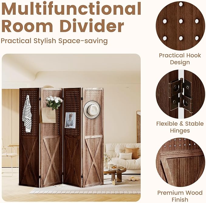 ALeesing 4 Panel Pegboard Wood Room Divider, 5.6Ft Pegboard Display Folding Privacy Screens, Peg Board Display Freestanding for Trade Show Craft Show Home Wall Organizer, Retro Brown