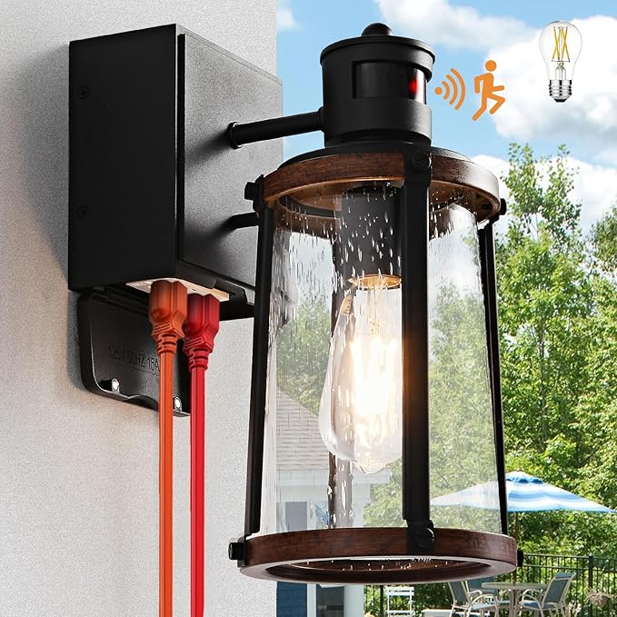 JOKAONOTL Dusk to Dawn Motion Sensor Outdoor Light with GFCI Outlet Waterproof Outside Porch Light Exterior Lighting Fixtures for House Garage Front Door,Bulb Included,12.5 "H,1PC