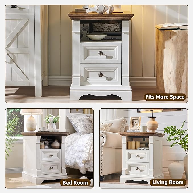 T4TREAM Farmhouse Nightstand with Charging Station, 18" End Table with 2 Drawers Storage, Wood Side Table w/Roman Column, Bedside Cabinet for Bedroom, Living Room, Antique White