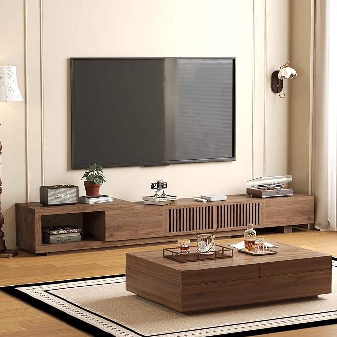 NessCarsti Mid-Century Modern TV Stand & Expandable Coffee Table Set, Walnut Finish, Stylish Storage Combo for Living Room or Bedroom (78.54“ to 103" TV Stand+Coffee Table)