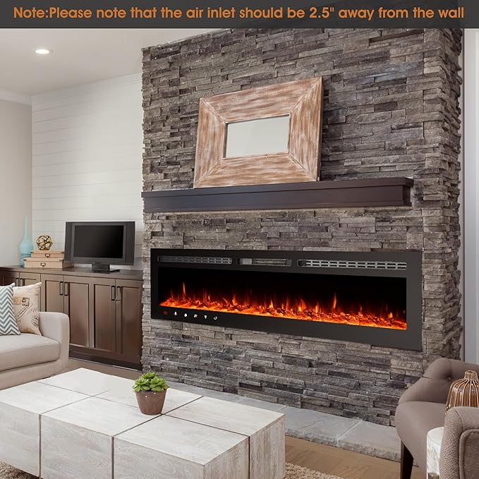 80 inch Ultra-Thin Electric Fireplace Recessed and Wall Mounted with Touch Screen Control Panel/Remote Control- Timer,Realistic 5 Flame - Log & Crystal Hearth Options