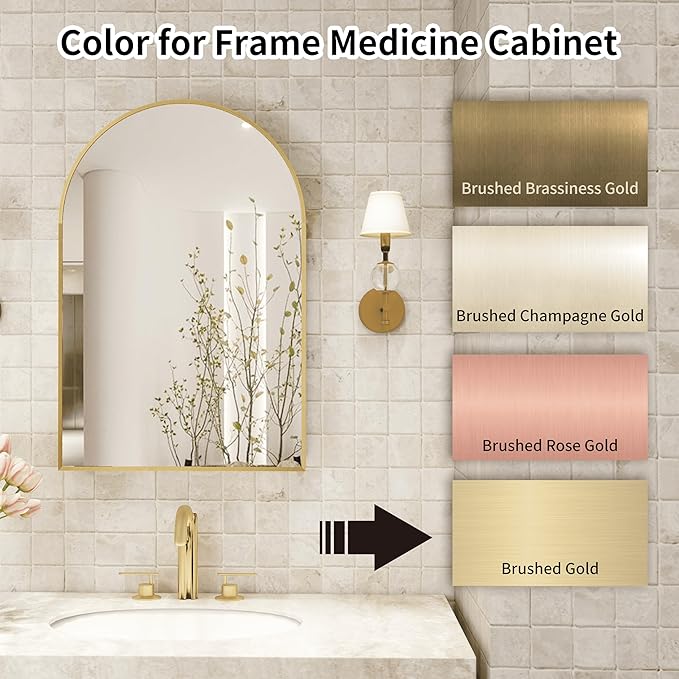 Gold Medicine Cabinet with Mirror,Bathroom Arched Medicine Cabinet Wall Mounted,Modern Vanity Mirror with Storage,Bathroom Storage Cabinet with Adjustable Shelves,Not Recessed,24x36 Inch